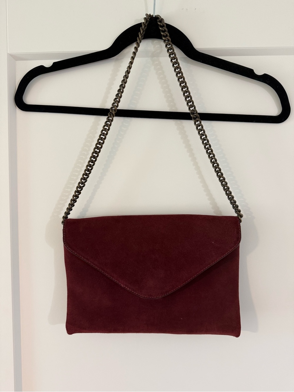 J. Crew Burgundy Suede Envelope Clutch with Chain Strap